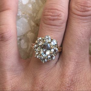 Aquamarine Halo Yellow Gold Ring Flower Motif